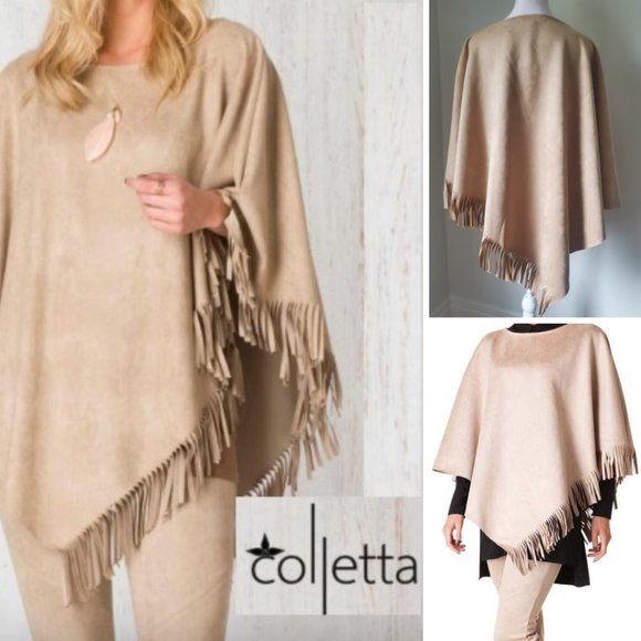 Southwestern Fall Poncho Women's Size XL Fringed Trim Neutral Faux Suede Boho - Picture 1 of 13